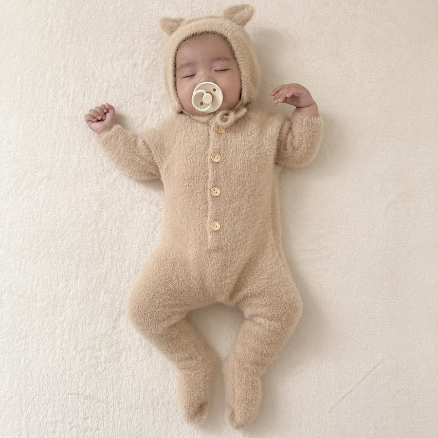 1love2hugs3kisses Baby Bear Fluffy Jumpsuit + Hat Beige