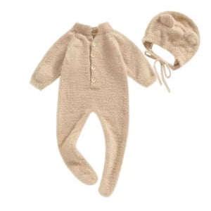 1love2hugs3kisses Baby Bear Fluffy Jumpsuit + Hat Beige