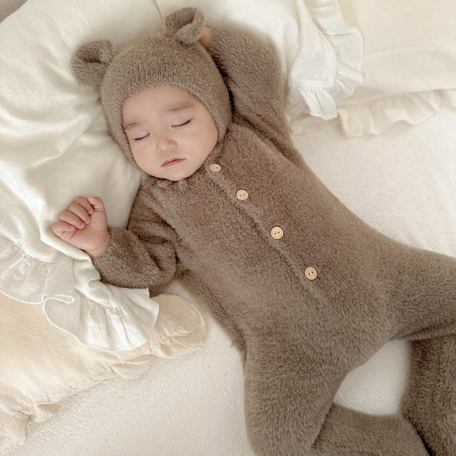 1love2hugs3kisses Baby Bear Fluffy Jumpsuit + Hat Grey