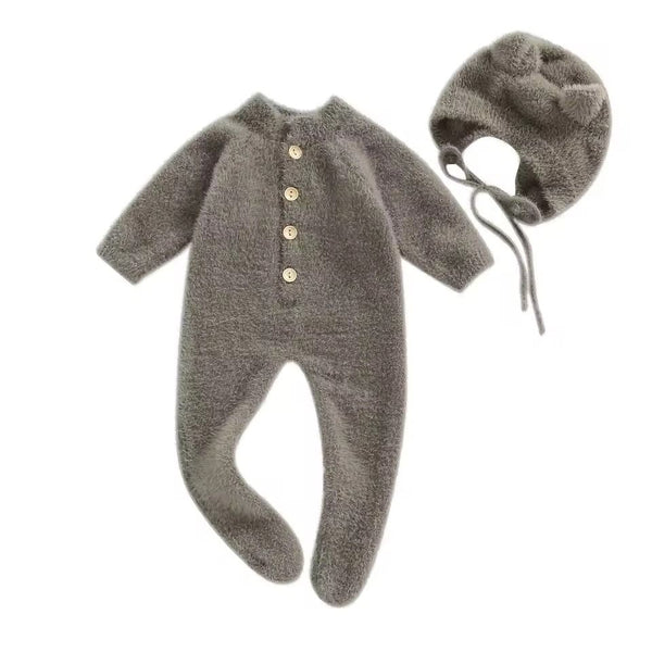 1love2hugs3kisses Baby Bear Fluffy Jumpsuit + Hat Grey