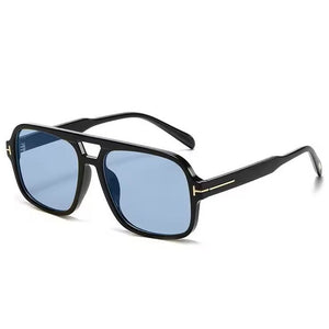 SquareDoubleBridgeSunglassesBlackBlueLens